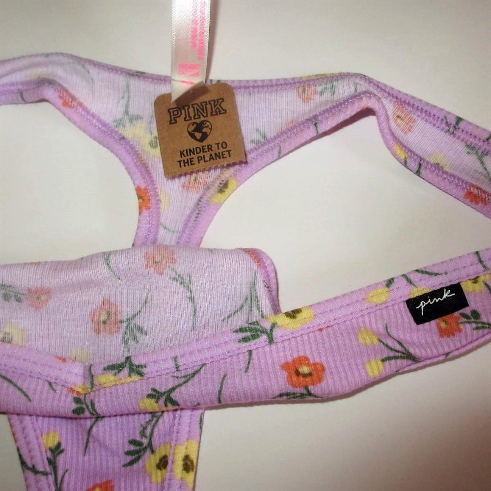 Victoria's Secret PINK Cotton Thong Panty S L Logo Floral Lilac NWT - Picture 4 of 4
